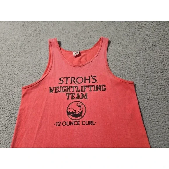 Vintage 80s Stroh's‎ Weightlifting Team 12 Ounce Curl Tank Top Pink Men's Size M - Picture 3 of 8